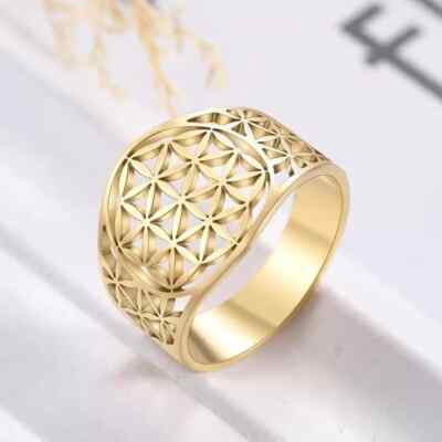 Bague Chevalière Mandala Pour Femme – Acier Inoxydable Plaqué Or, Taille 54 (USA 7), élégance Bohème Au Quotidien