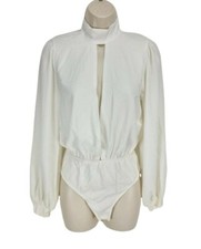 Reverse White Open Front Bodysuit Women Size S Hight neck Long Sleeve Zip Up