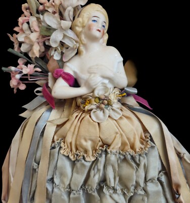 Early 1900's German Half Doll Shadow Box Soft Ribbons Flowers Shabby Cottage 
