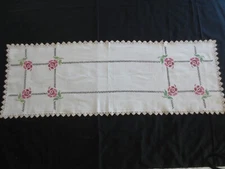 Vintage ROSE FLORAL CROSS STITCH Crochet Edged Cotton RUNNER - 14-1/2" x 42"