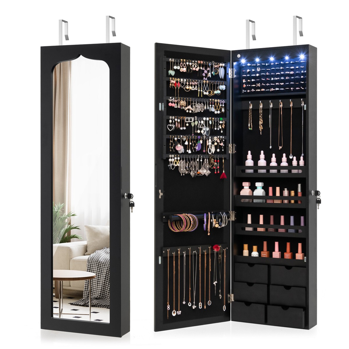 Wall Door Mounted LED Mirror Jewelry Cabinet Lockable Armoire w/6 Drawers  Black