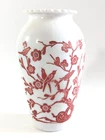 Vintage Anchor Hocking 9" Vase Red Birds Cherry Blossoms Milk Glass