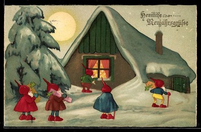 Ansichtskarte Zwerge mit Geschenken vor einem Haus im Schnee 1931 