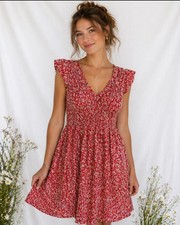 LOFT OUTLET Women’s Smocked Bodice Ruffle Flutter Sleeve Pullover Dress Sz L