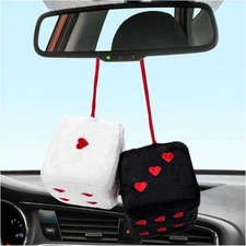 2 PCS Fuzzy Plush Dice for Car Rearview Mirror, 3'' Retro Black & White 