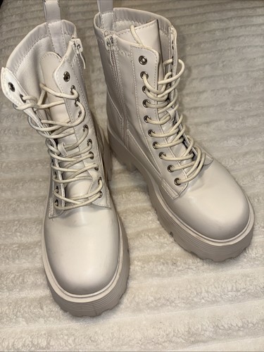 Top Moda White Combat Boots Lace Up Side Zipper Size 7
