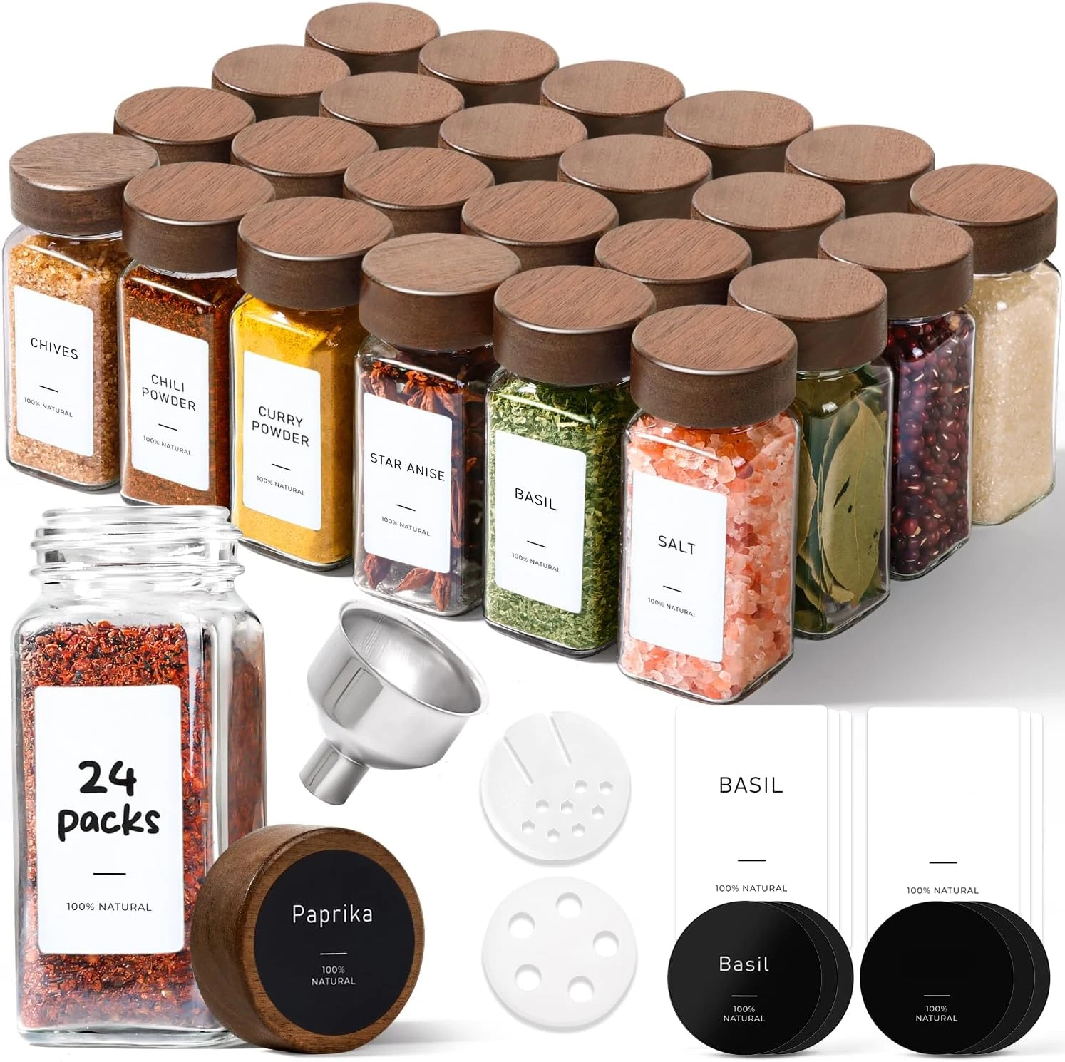 24Pcs (4Oz) Glass Spice Jars with Label, Airtight Seasoning Containers with Lid