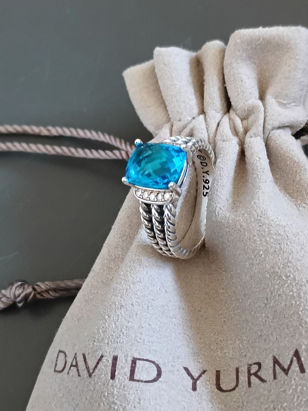 David Yurman Silver 925 Albion 8x10mm Blue Topaz & Diamond Ring Size 8