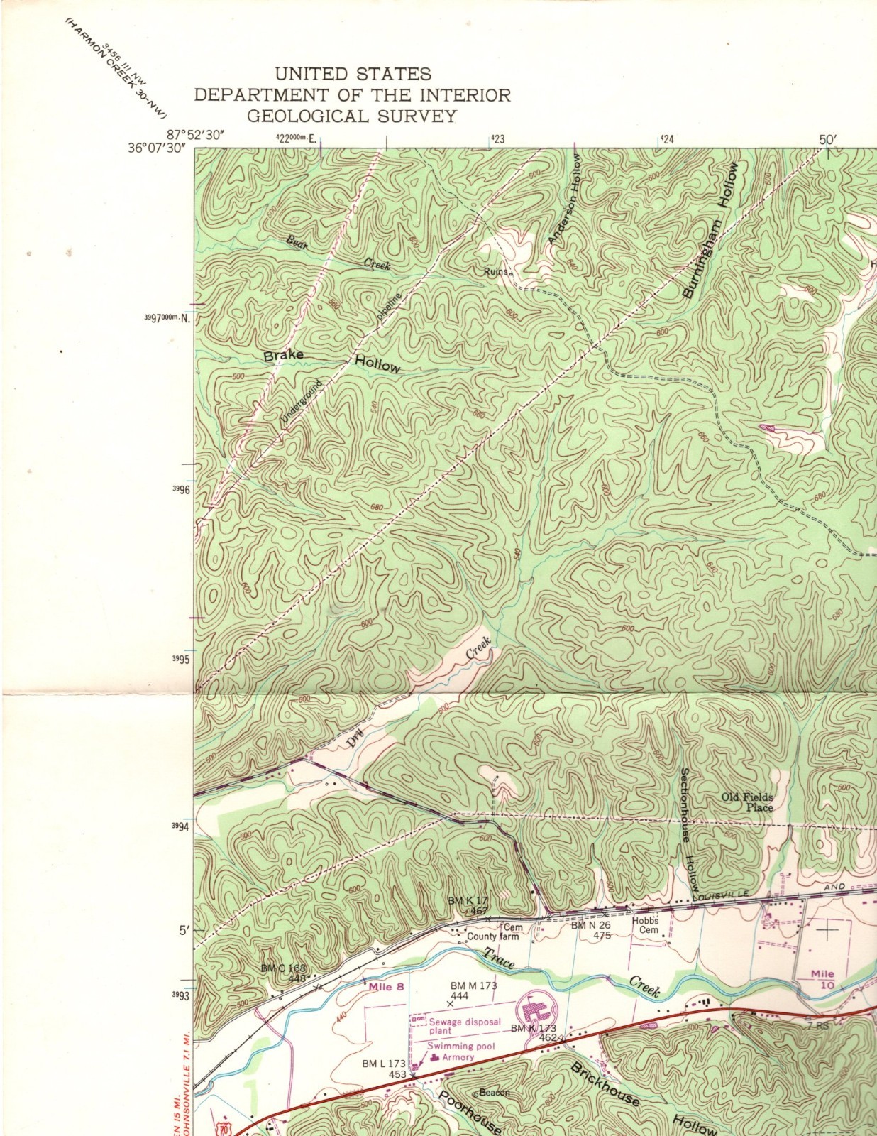 Mapa topográfico Waverly 1950 (1967) TN TVA/USGS