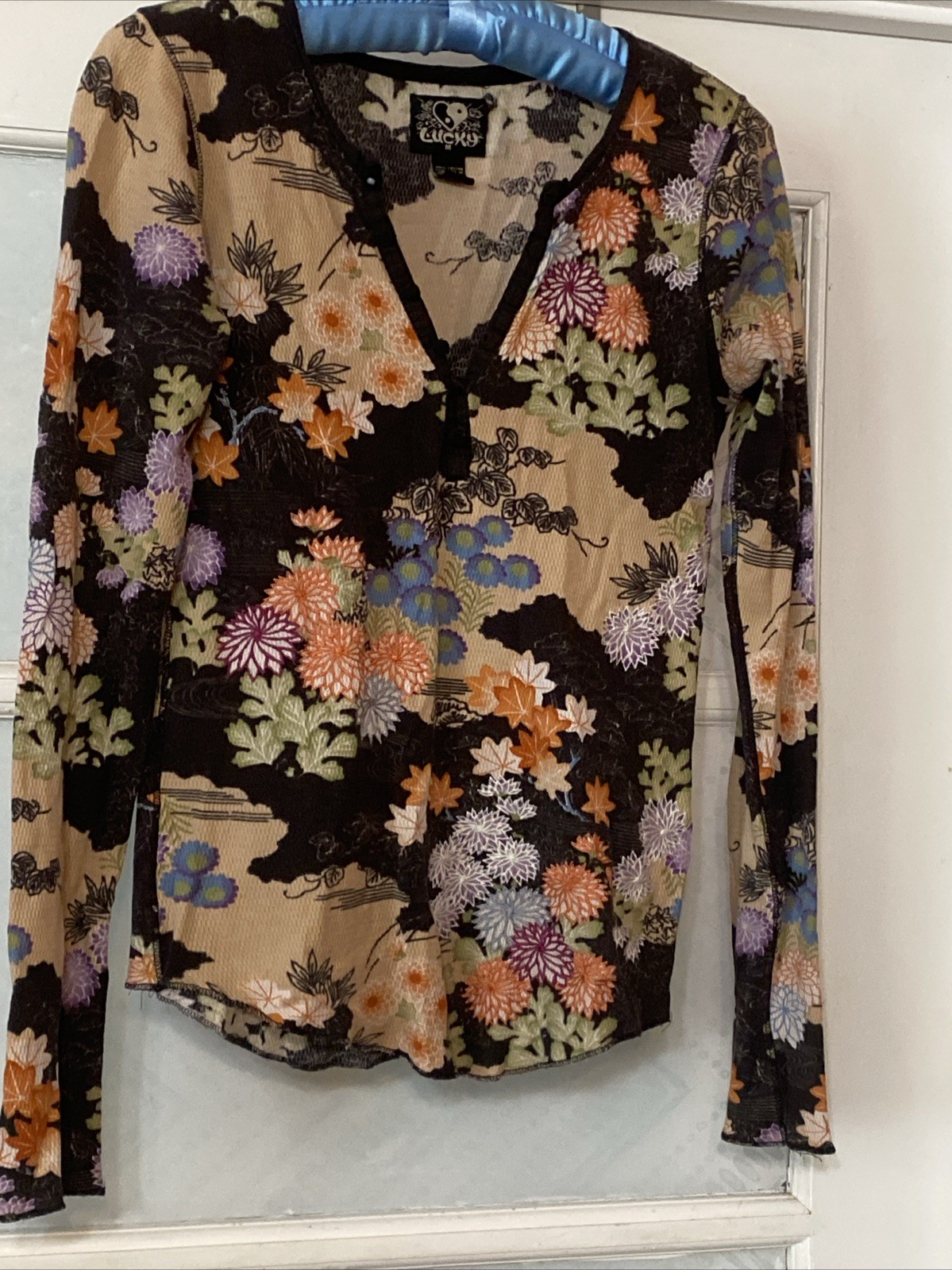 Vintage Y2K Lucky Brand Asian Floral Henley Top Women's Medium Boho Thermal Knit