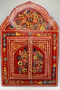 Vintage Hand Painted Folk Art Wooden Wall Cabinet Mirror Floral Shrine Decor