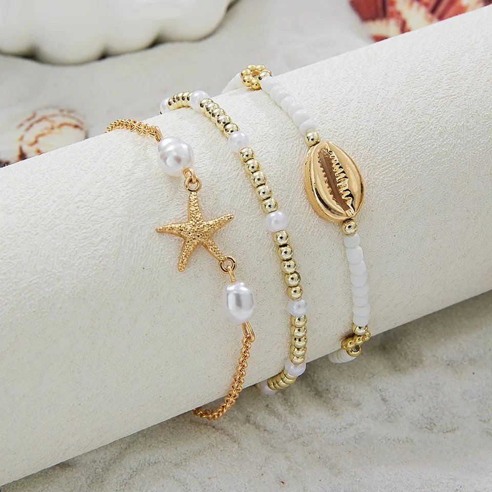 Summer Shell Bracelet Set Of 3 Boho Starfish Pearl Seed Beads Beach Bracelet - Image 3 of 4