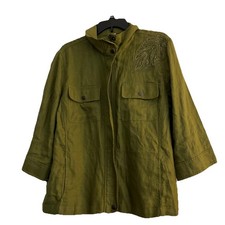 Chico s Green Linen Jacket 3P XL Beaded Appliqu Zip/Snap Machine Washable EUC