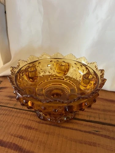 Vintage Fenton Hobnail Amber Glass Pedestal Candle Bowl