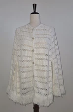VTG 60's Boho Crochet Poncho Cape Shawl Button Front Fringe White Festival Sears