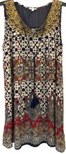 En Crème Boho Paisley Sleeveless Dress Small S Tassel Tie Lightweight Summer