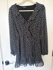 KITTENISH Womens L Black White Floral V-Neck Long Sleeve Ruffle Mini Dress