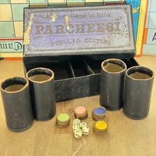 Antique 1890 Parcheesi Game in Box Popular Edition, 5 Bone Die