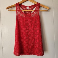 Cabernet Red Lace Tank Top Size Small Lined Floral Sheer Overlay Romantic