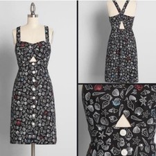 ModCloth Seashells Dress 8 Black Beach Vacation Cutout Linen Retro Coastal New