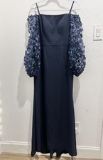 Eliza J Dress Womens 10 Navy Blue 3D Floral Sleeve Square Neck Maxi Sheath Gown
