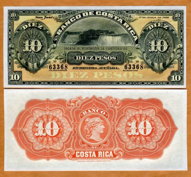 未使用　コスタリカ　1899年　10ペソ　署名ナシ未発行　P-S164r Costa Rica, 10 Pesos, 1899, P-S164r, aUNC Waterfall | eBay