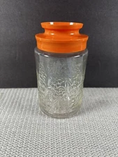 Vintage TANG Anchor Hocking Glass Jar LILIES Of The VALLEY Orange Plastic Lid