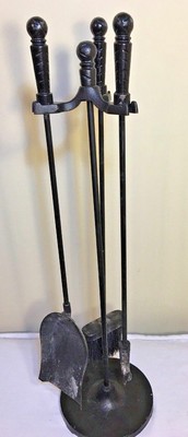 4 Set Fireplace Fire Metal Tool Shovel Broom Poker Stand Top
