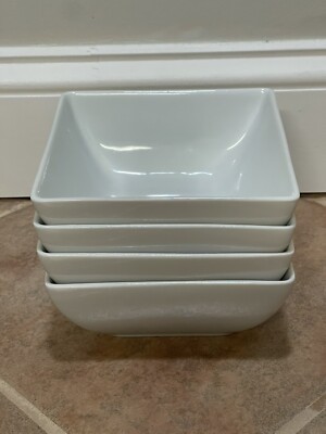 SET LOT (4) Crate & Barrel Bennett 6  Square White Dish Glass Bowl Stackable