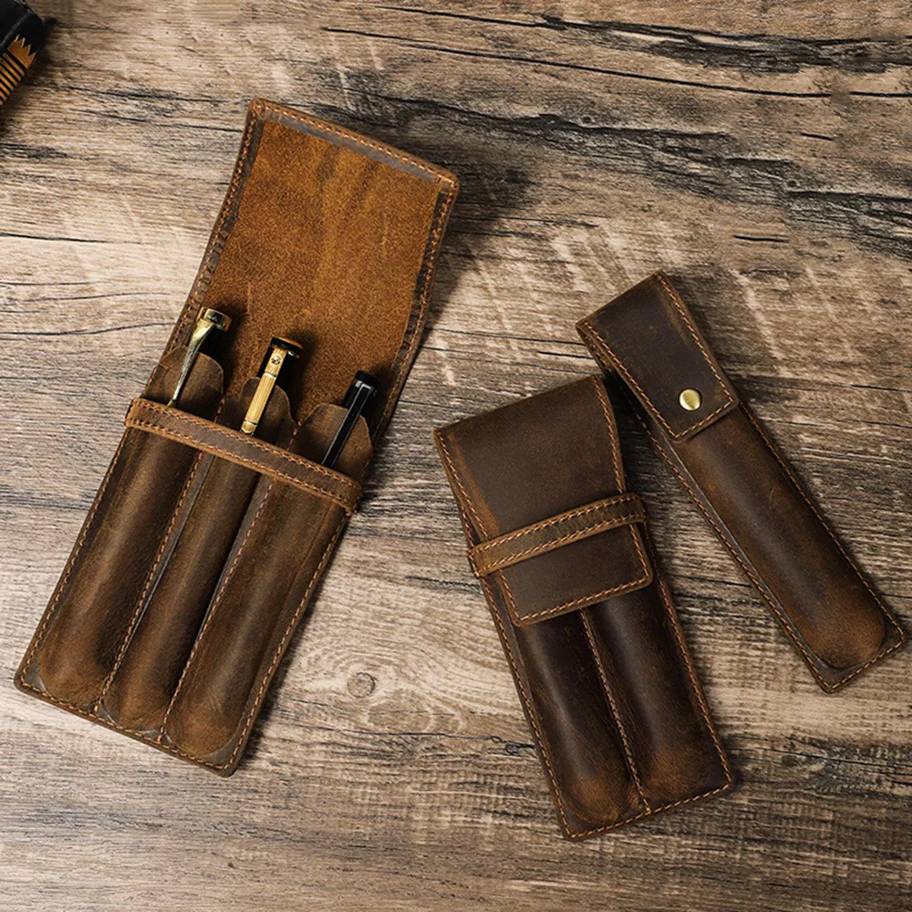 Handmade Vintage Genuine Leather Pen Holder case Luxury Pen Sleeve  Organizer 1/2/3 Slots Pen Pouch Pocket Pencil Storage Bag Vi