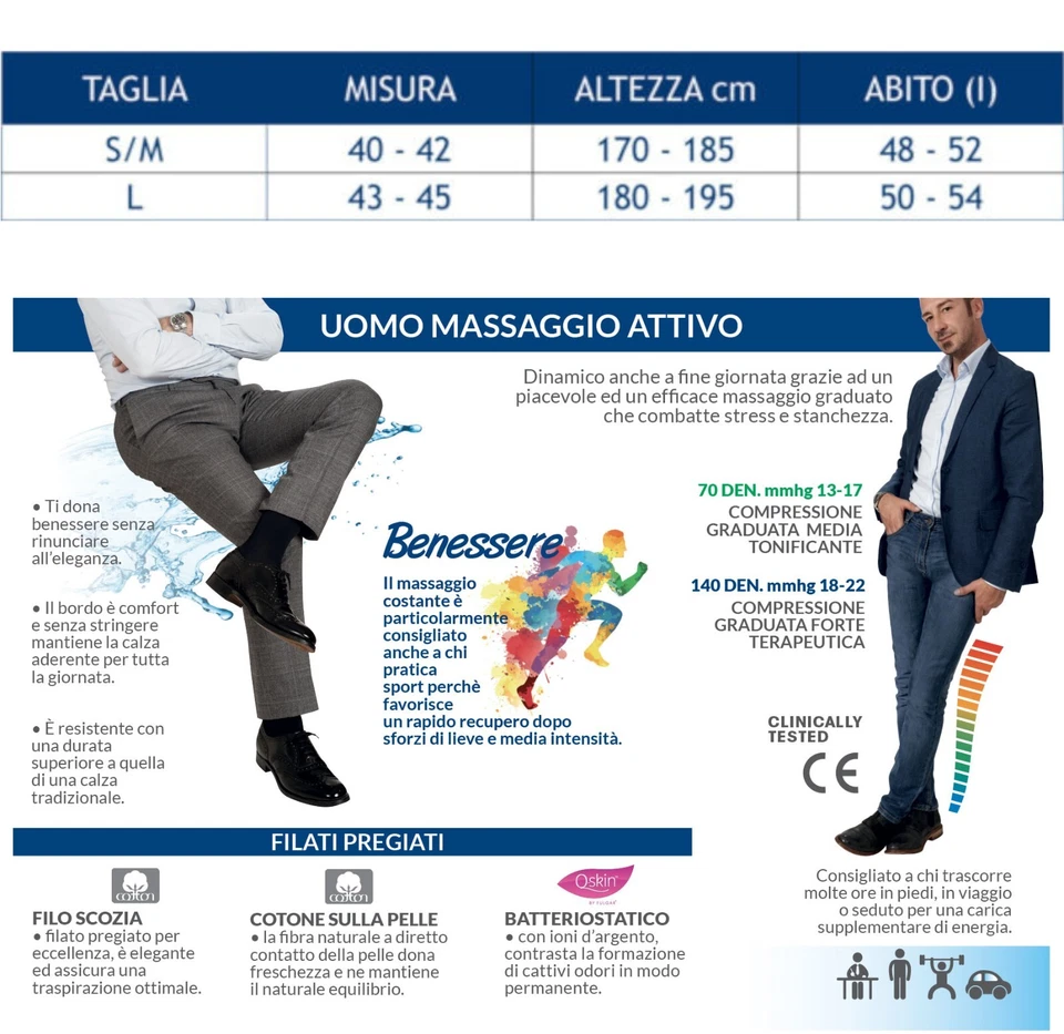 Calze COMPRESSIONE GRADUATA FORTE 140 denari lunghe gambaletti da uomo in cotone - Immagine 2 di 4