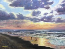 BEACH DAWN WITH GULLS - original seascape oil painting canvas by K. McDermott