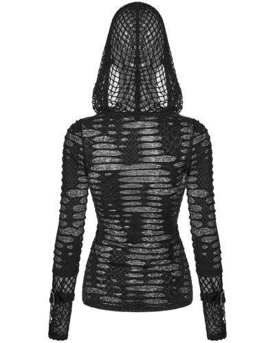 Punk Rave Womens Apocalyptic Gothic Grunge Shredded Mesh Hooded Top Hoodie Black - Picture 2 of 12