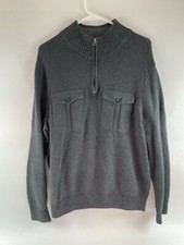 DOCKERS Sweater Men's Size L Gray Pullover 1/4 Zip Mock Neck Button Pouch Pocket