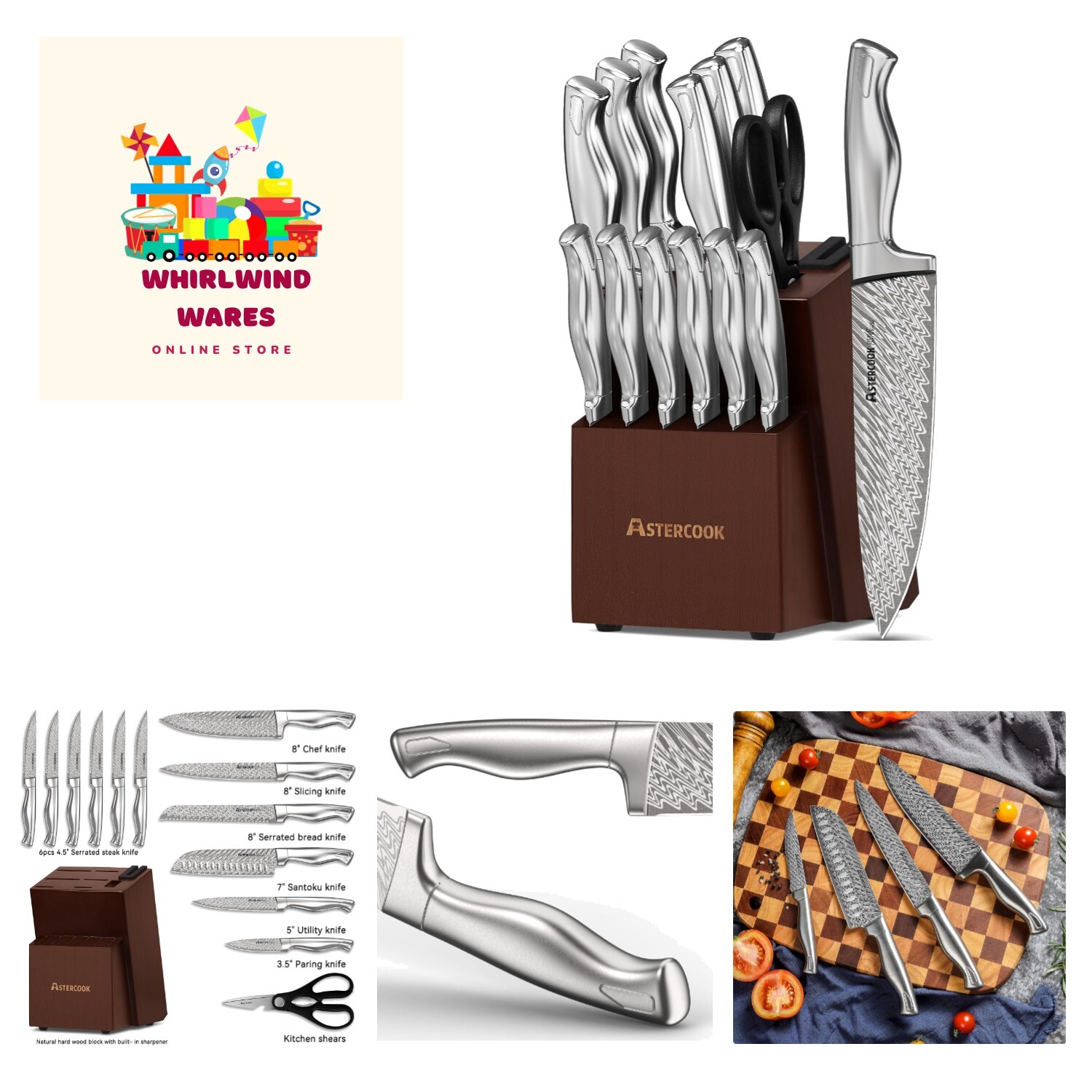 Knife Set, 15-Piece Kitchen Knife Set with Block, Built-in Knife Sharpener, G...-image