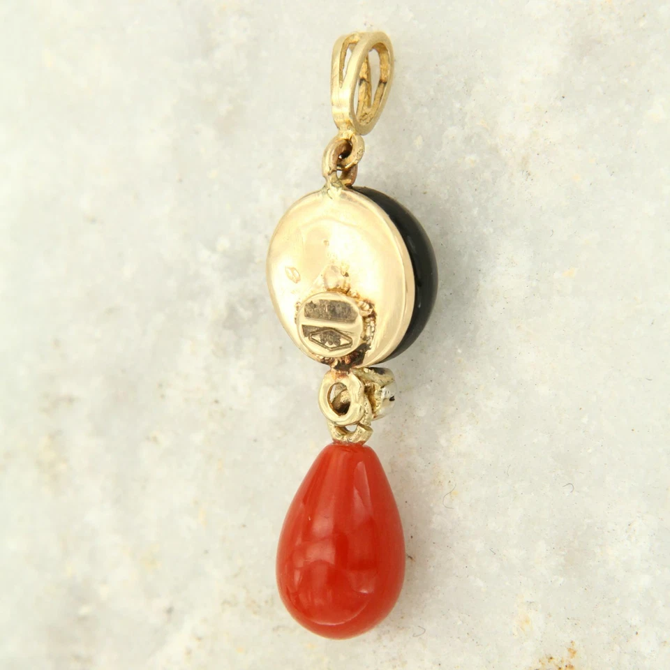 Pendentif en OR Jaune 14 Carats k CORAIL Rouge DIAMANT et ONYX Pierre Naturelle - Photo 2/4