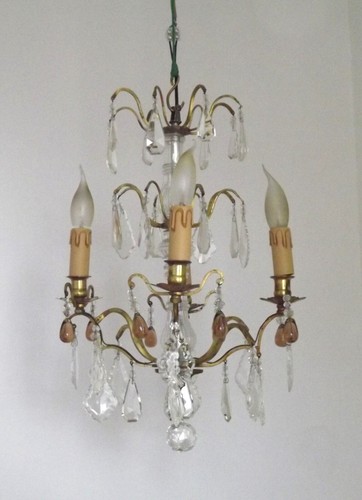 French Vintage Brass Glass Crystal 4 Light Chandelier With Murano Droplets 4991 - Picture 14 of 14