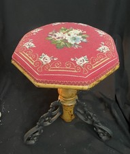 Antique Victorian Piano Vanity Stool Cast Iron Base Pink Needlepoint Flower Seat