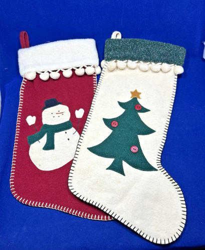 Christmas Stockings Snowman and Tree Felt Applique Holiday Decor 18 inches Vtg - Picture 1 of 16