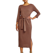 AMOUR VERT Colombe Scallop Striped Rib Knit Midi Dress Size L Tie Waist Slit