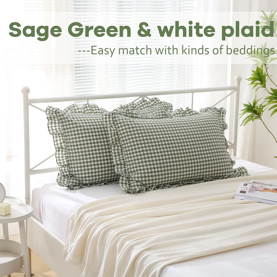 Paquete de 2 fundas de almohada con volantes a cuadros verde salvia y blanco tamaño king de 20x36 pulgadas Foto 2 de 4