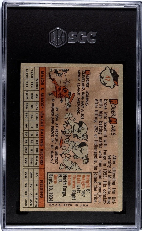 🔥⚾️РОДЖЕР МАРИС⚾️🔥1958 TOPPS SGC 3 VG EX #47 КАРТОЧКА ДЕБЮТАНТА ИНДЕЙЦЫ ЯНКИ - Изображение 2 из 4