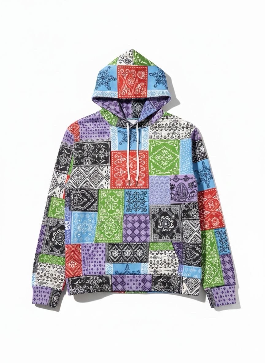 Multicolor Patchwork Pullover Hoodie Cotton Blend… - image 1