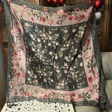 Johnny Was Silk Scarf Tassels Gray Winter Pink Floral Symmetrical Square 42x42