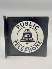 Original Vintage Bell System Public Telephone 2-Sided Flange Metal Porcelain Sig