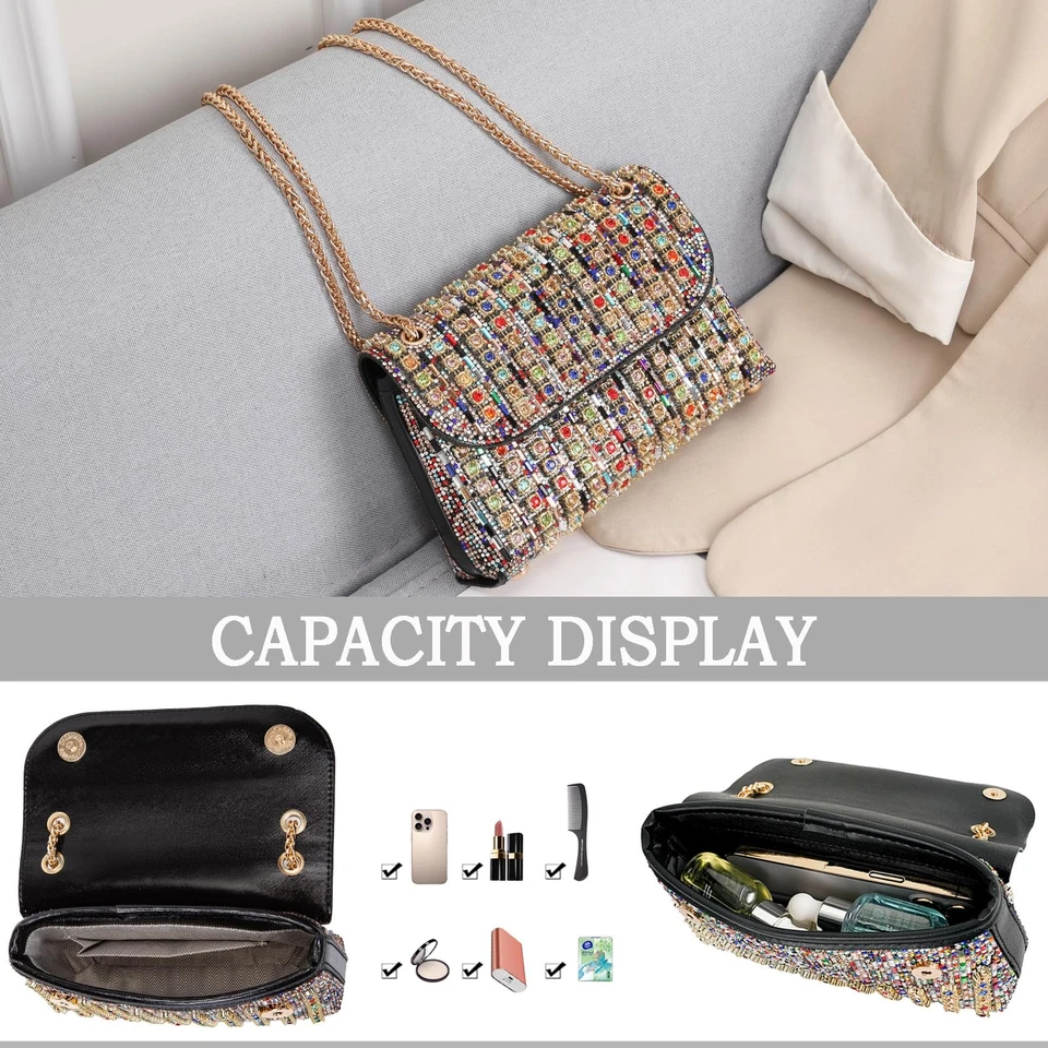 Bolso de mano de noche con estrás para mujer - Bolso sin asas bandolera colorido brillante con cadena Foto 4 de 4
