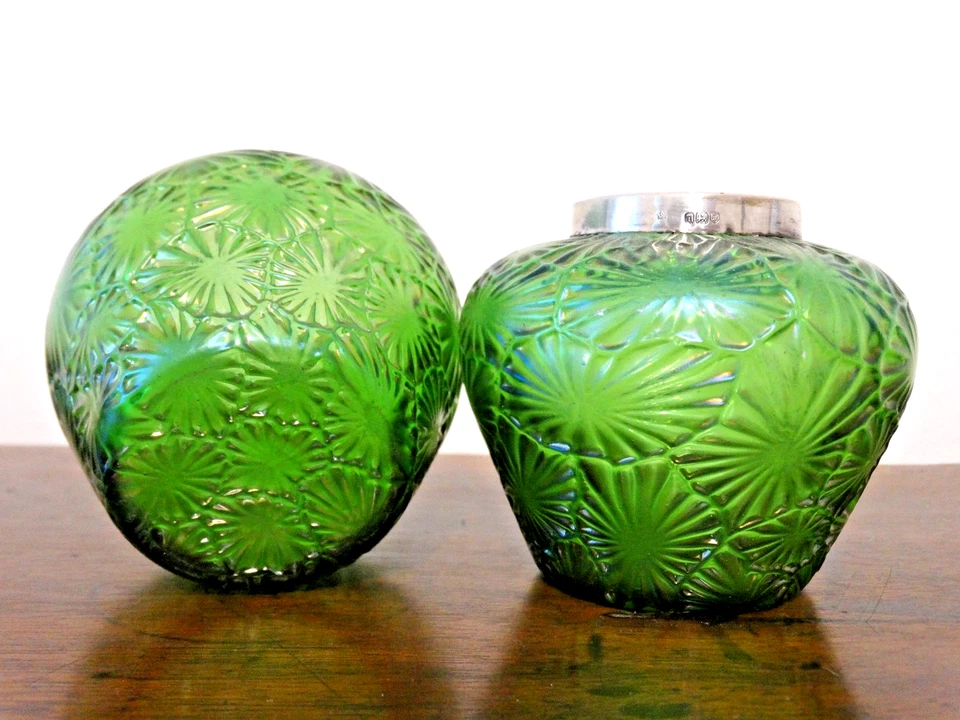 SCARCE PAIR WILHELM KRALIK SOHN IRIDESCENT GLASS VASE "LEAF" & STERLING SILVER - image 3 of 4