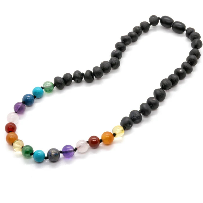 Baltic Amber Rainbow Necklace with Raw Pink Rose Quartz Agate Amethyst 11-12.5