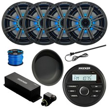 Kicker KMC2 Marine BT AM/FM Radio, 4x 6.5" LED Speaker, Charcoal Grille, Extras