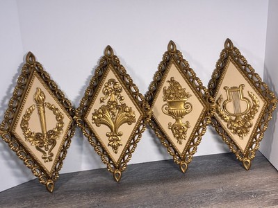 MCM 1971 HOMCO Ornate Diamond Shape Grecian Harp Cornucopia Home Wall Deco set 4